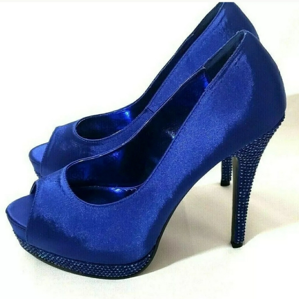 Size 10. Blue Satin Rhinestones Peep-Toe Pumps